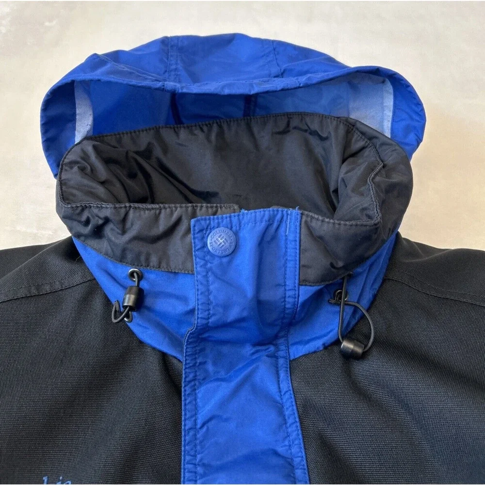 Columbia Men's Parka Sz L Blue/Black Nylon Hooded Pockets Adj Waist Fleece Lined